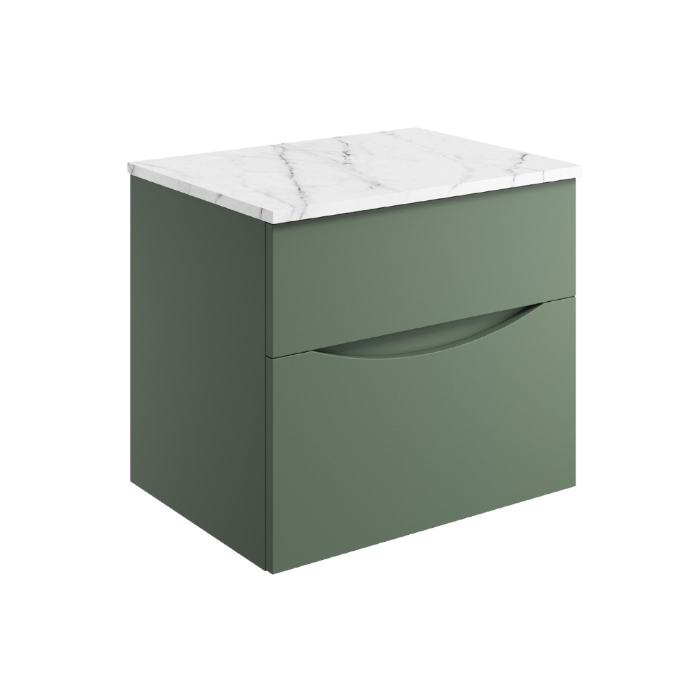 Product Cut out image of the Crosswater Glide II Sage Green 600mm Double Drawer Unit with Carrara Marble Worktop